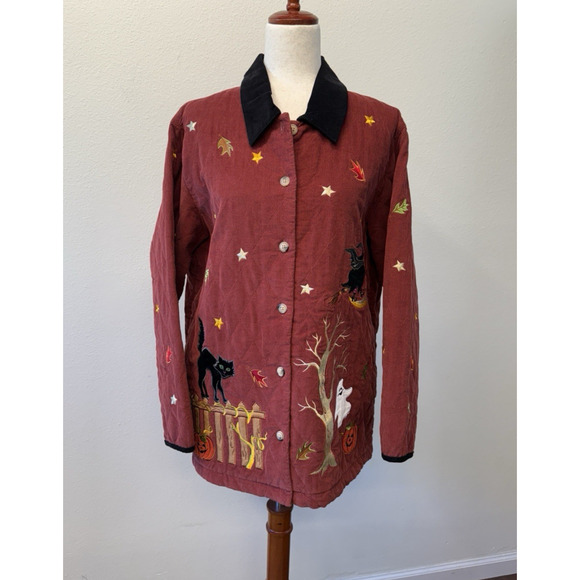 Vtg Quacker Factory Halloween Barn Jacket Embroidered Corduroy Womens Size L - Picture 1 of 9